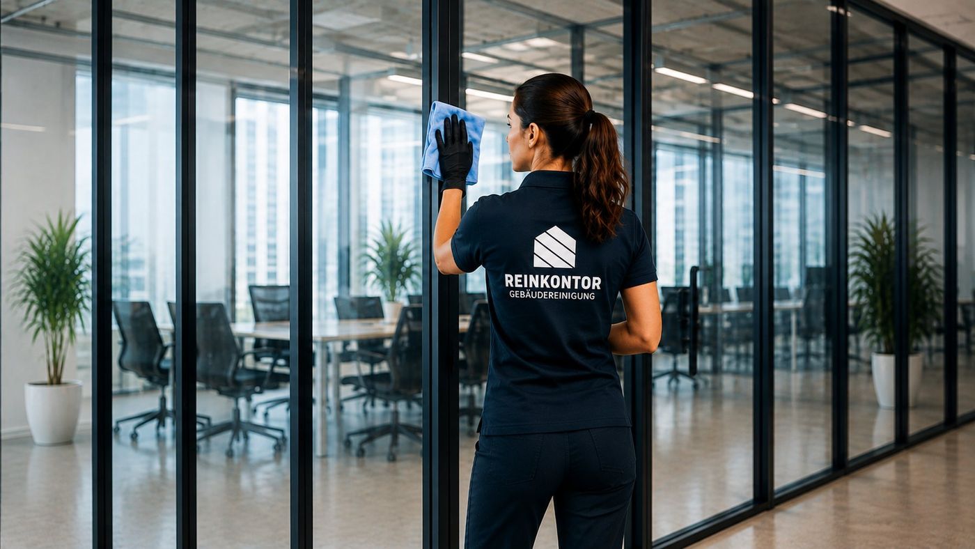 Mitarbeiterin von REINKONTOR reinigt eine Glastrennwand in einem modernen Bürogebäude